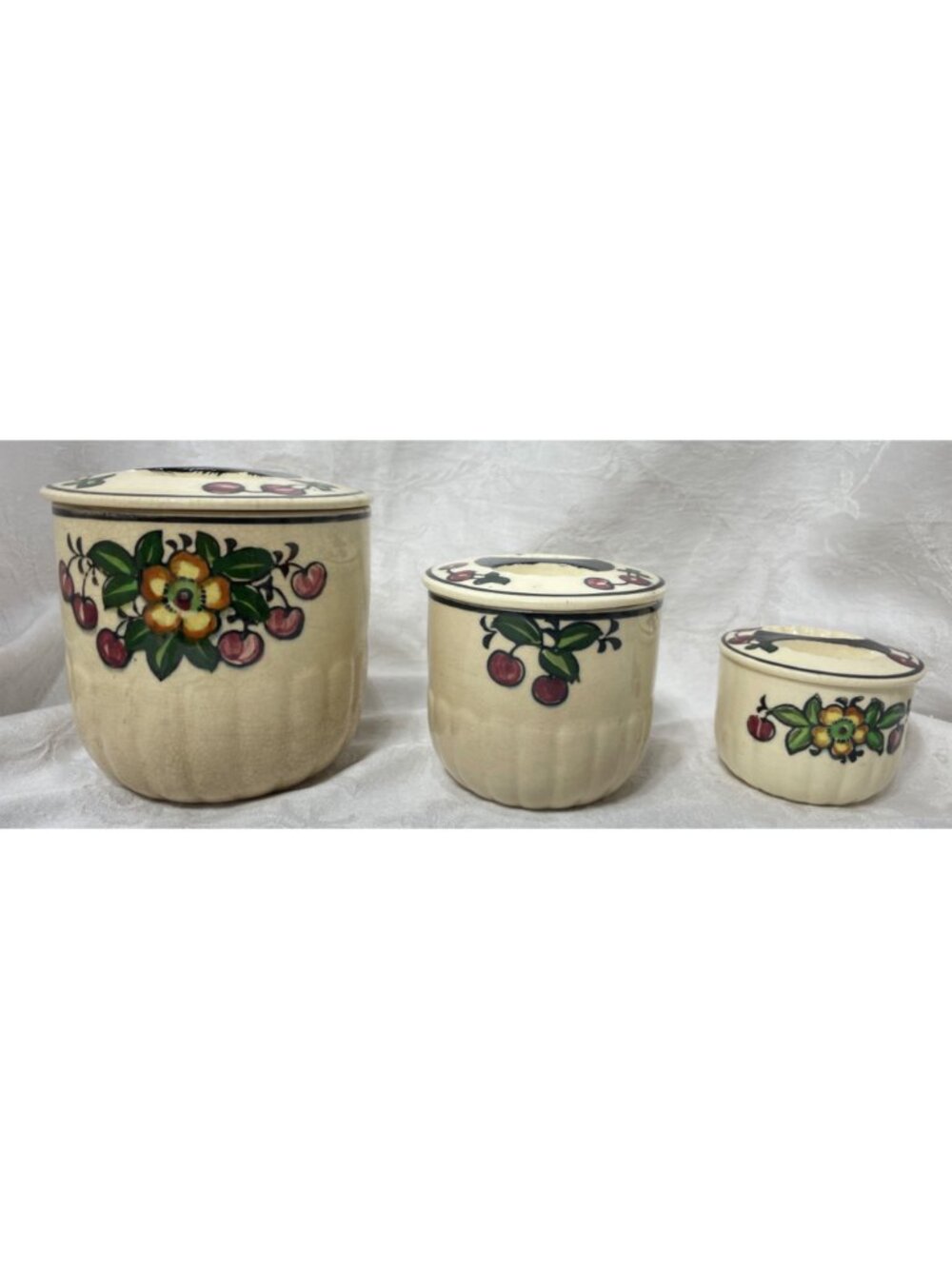 Nesting Ceramic Canisters Handpainted Floral & Cherry Design Set Of 3